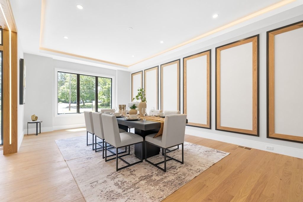 Dining room, Interior, Recessed Lighting, Wood Texture Flooring