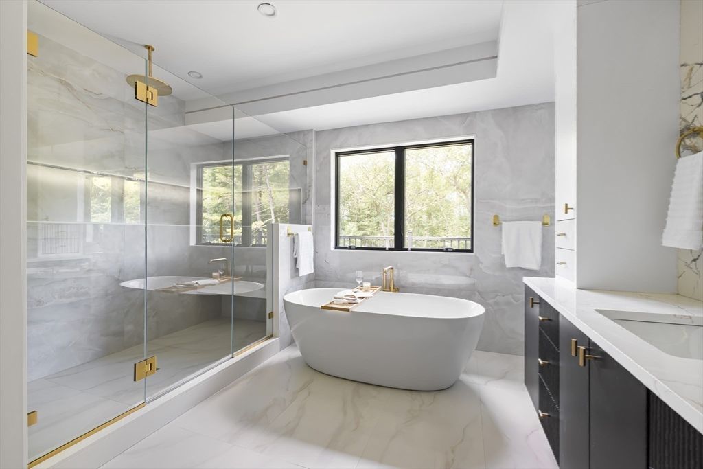 Bathroom, Free Standing Baths, Glass Shower, Interior, Marble, Marble Walls, Recessed Lighting