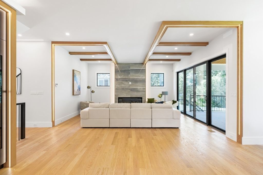 Fireplace, Interior, Living room, Recessed Lighting, Wood Texture Flooring