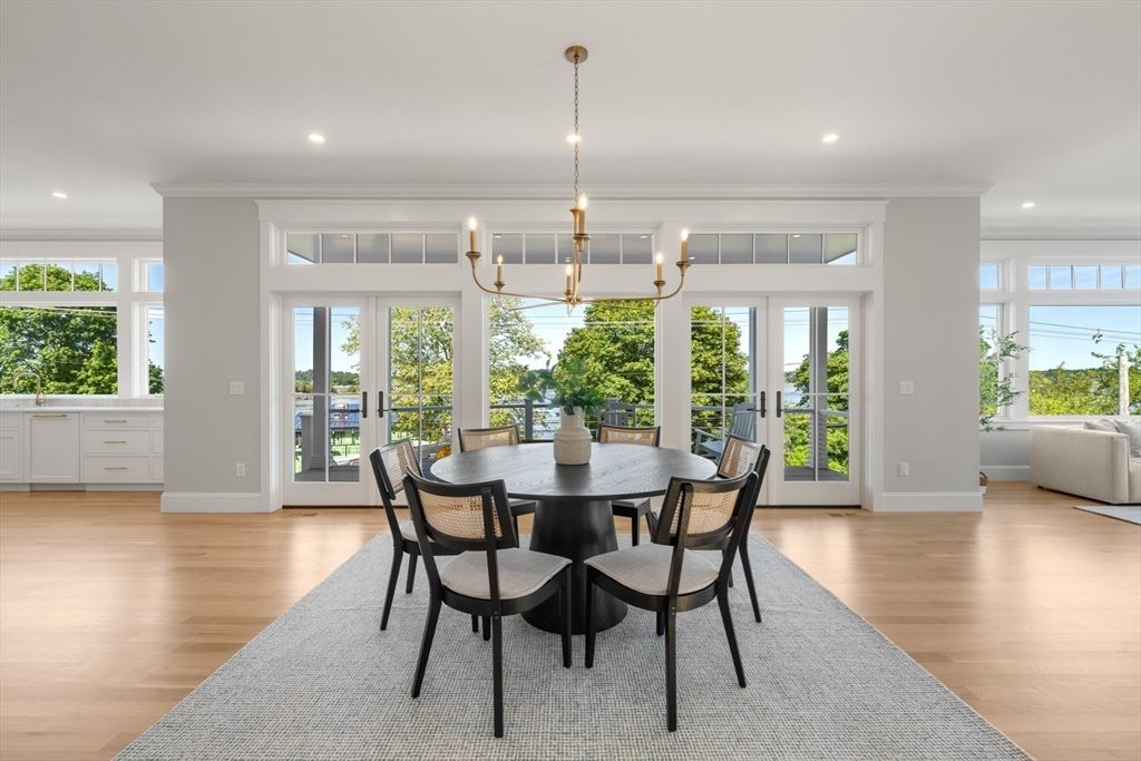 Chandelier, Dining room, Interior, Pendant Lights, Recessed Lighting, Wood Texture Flooring