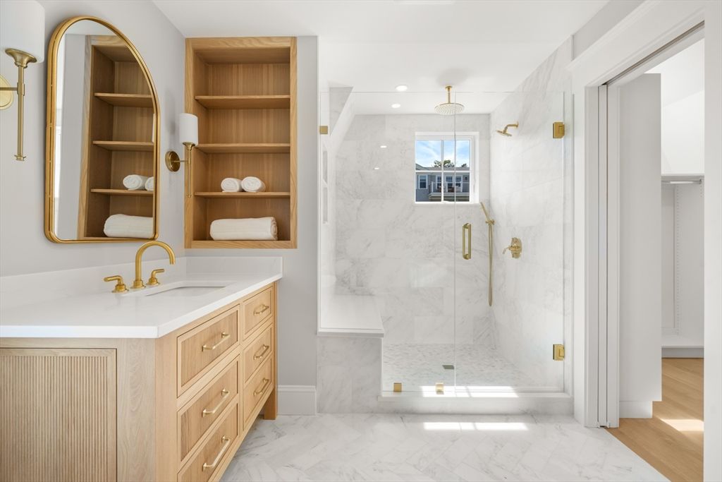 Bathroom, Glass Shower, Interior, Marble, Marble Walls, Recessed Lighting