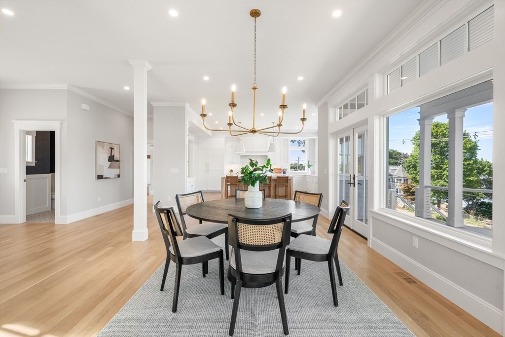 Chandelier, Dining room, Interior, Kitchen, Recessed Lighting, Wood Texture Flooring
