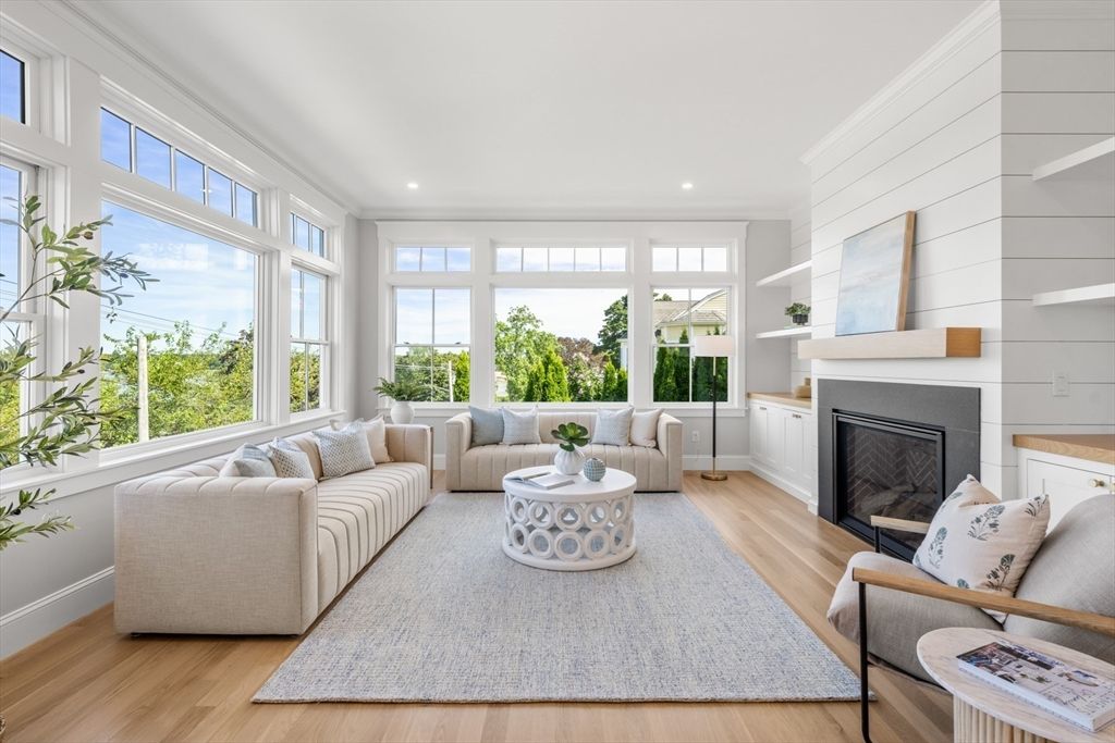 Fireplace, Interior, Living room, Recessed Lighting, Wood Texture Flooring