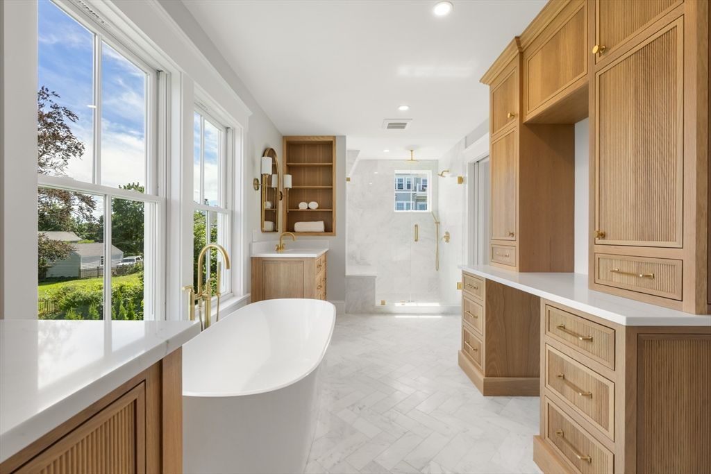 Bathroom, Free Standing Baths, Interior, Marble, Marble Walls, Recessed Lighting