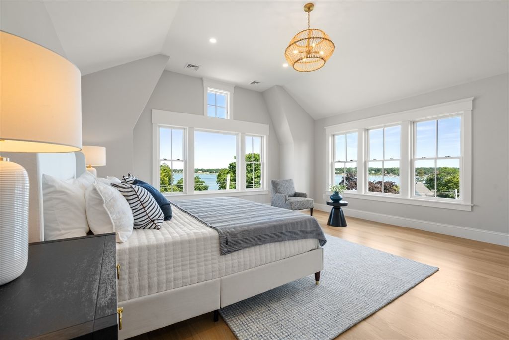Bedroom, Interior, Pendant Lights, Recessed Lighting, Water, Wood Texture Flooring