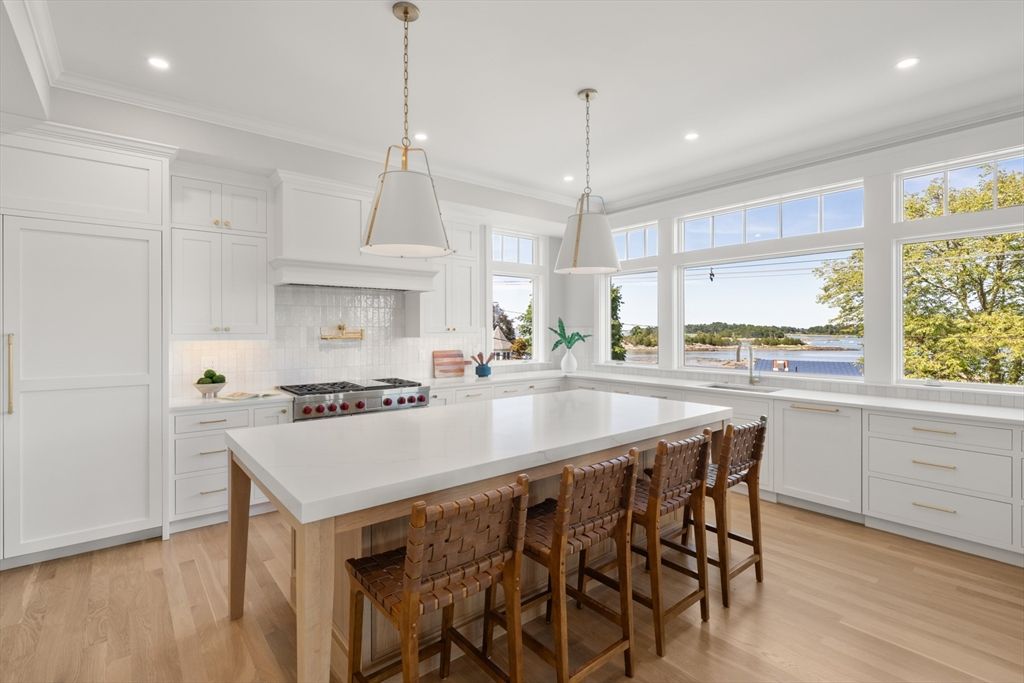 Interior, Kitchen, Pendant Lights, Recessed Lighting, Stainless Steel Appliances, Water, Wood Texture Flooring