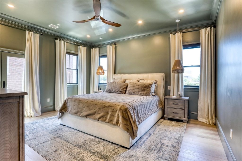 Bedroom, Interior, Pendant Lights, Recessed Lighting, Wood Texture Flooring