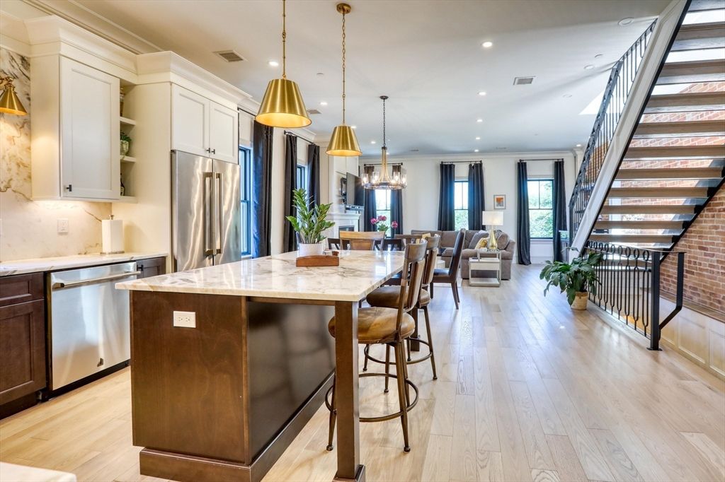 Dining room, Interior, Kitchen, Pendant Lights, Recessed Lighting, Stainless Steel Appliances, Stone Walls, Wood Texture Flooring