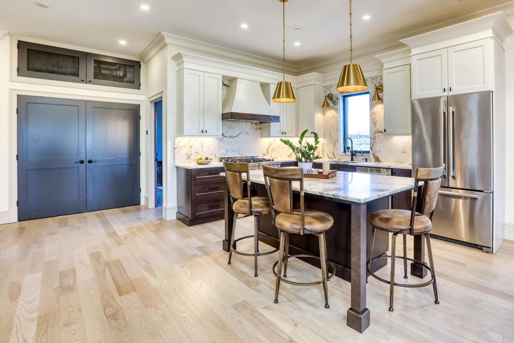 Interior, Kitchen, Pendant Lights, Recessed Lighting, Stainless Steel Appliances, Wood Texture Flooring