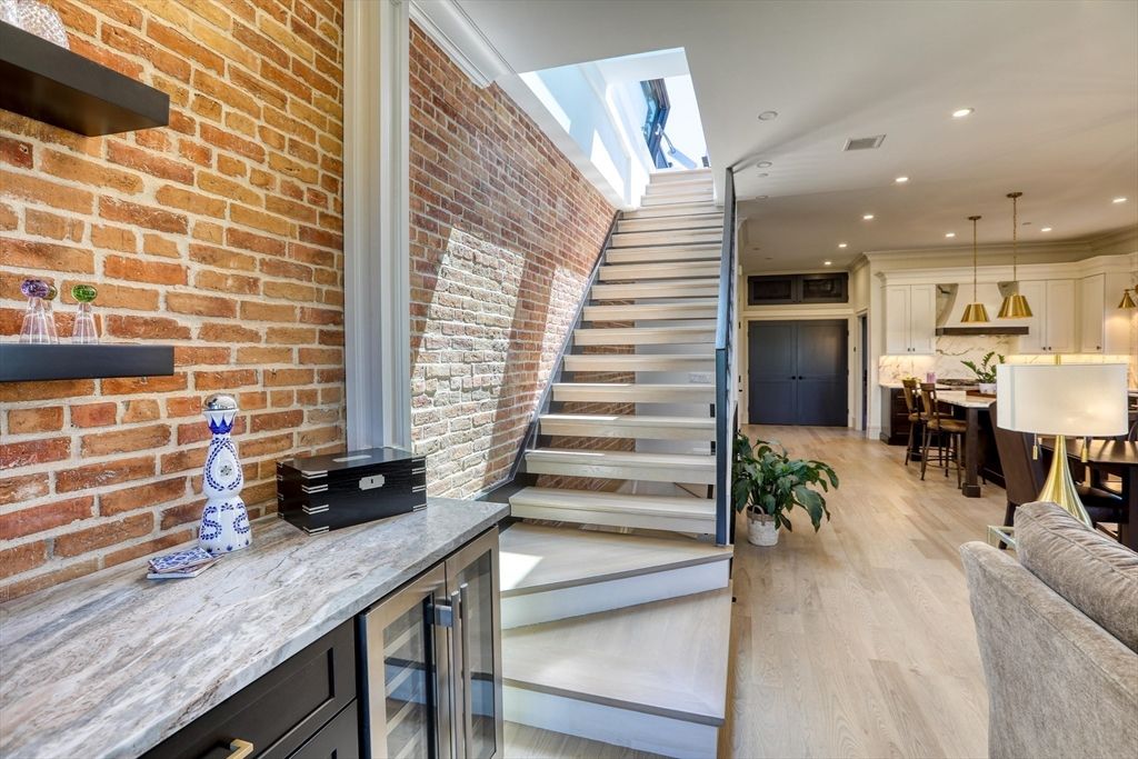 Dining room, Interior, Kitchen, Pendant Lights, Recessed Lighting, Stone Walls, Wood Texture Flooring