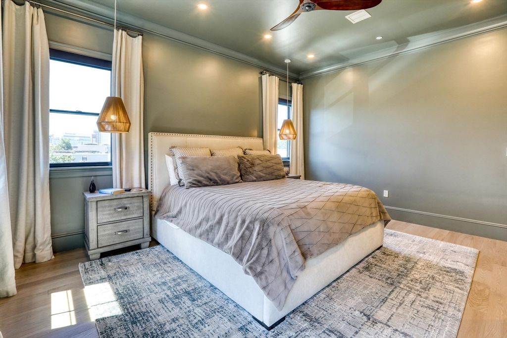 Bedroom, Interior, Pendant Lights, Recessed Lighting, Wood Texture Flooring