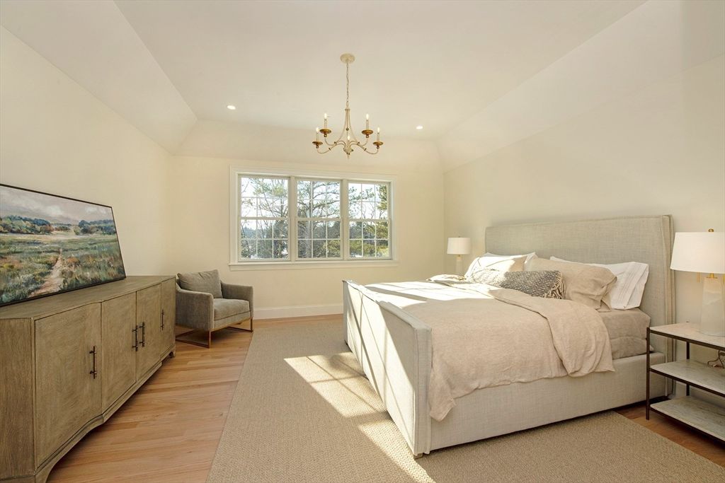 Bedroom, Chandelier, Interior, Pendant Lights, Recessed Lighting, Wood Texture Flooring