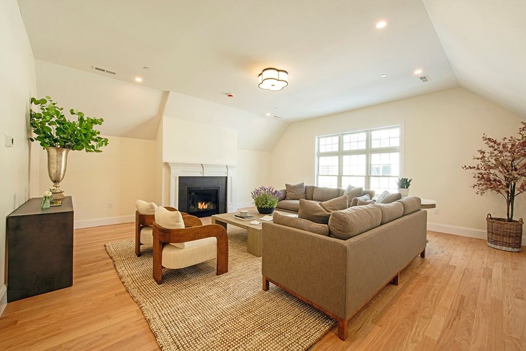 Fireplace, Interior, Living room, Recessed Lighting, Wood Texture Flooring