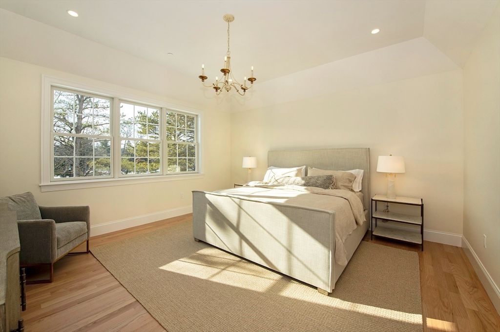 Bedroom, Chandelier, Interior, Recessed Lighting, Wood Texture Flooring