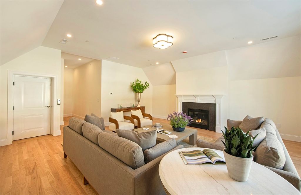 Fireplace, Interior, Living room, Recessed Lighting, Wood Texture Flooring