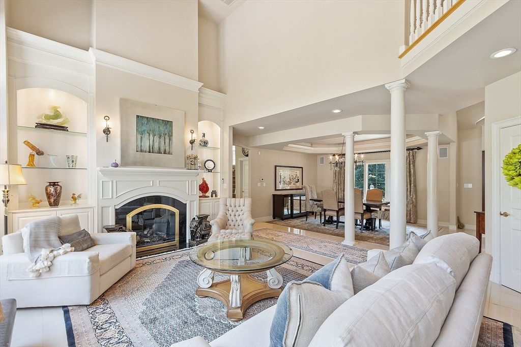 Chandelier, Dining room, Fireplace, Interior, Living room, Recessed Lighting