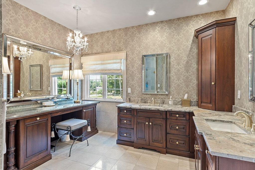 Bathroom, Chandelier, Dual Sink Vanities, Interior, Recessed Lighting