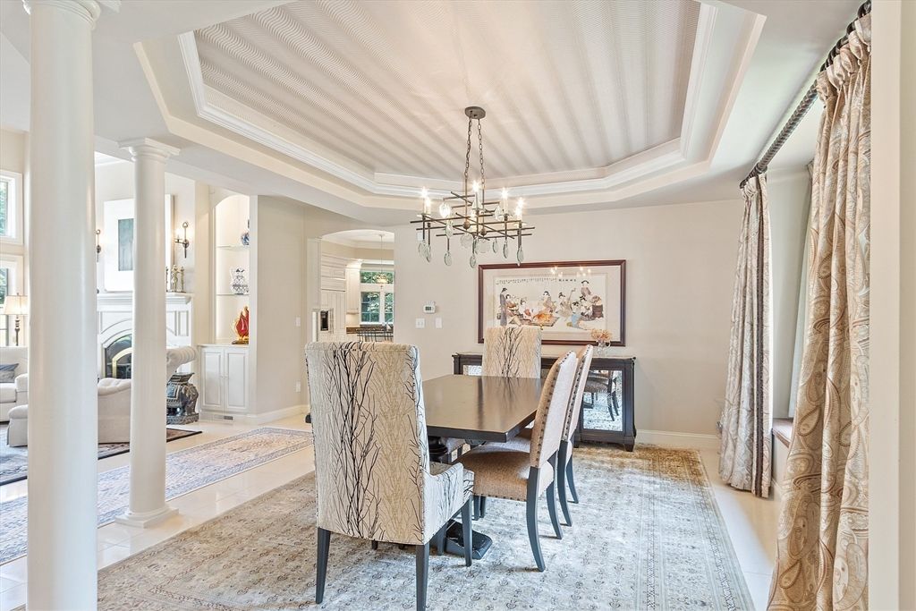 Dining room, Fireplace, Interior, Pendant Lights