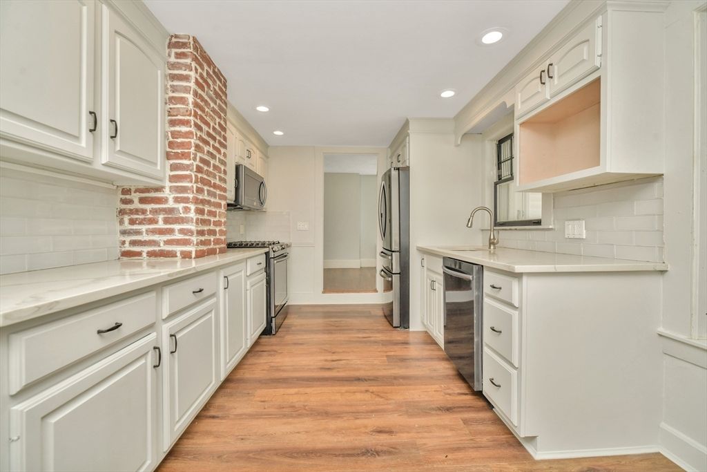 Interior, Kitchen, Recessed Lighting, Stainless Steel Appliances, Wood Texture Flooring