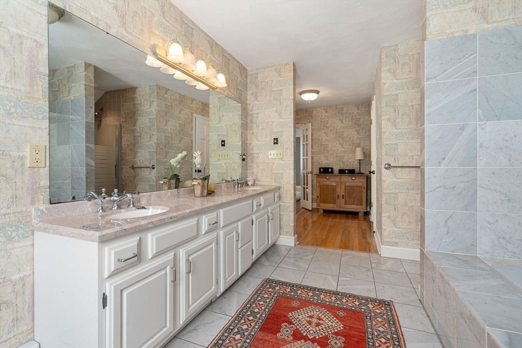 Bathroom, Dual Sink Vanities, Interior, Stone Walls, Wood Texture Flooring