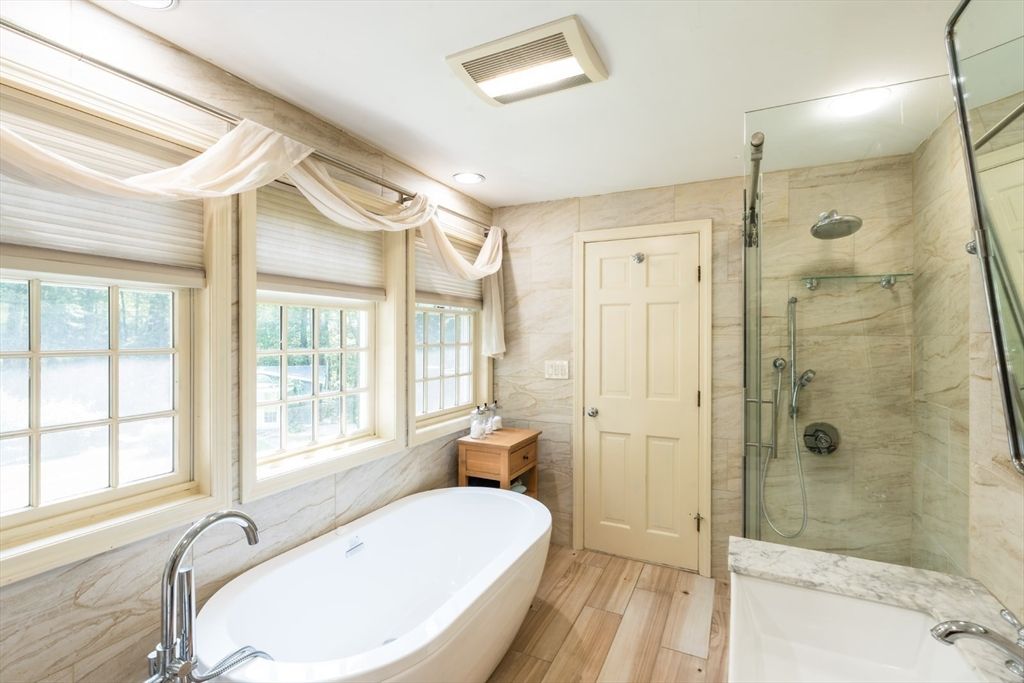 Bathroom, Glass Shower, Interior, Recessed Lighting, Wood Texture Flooring