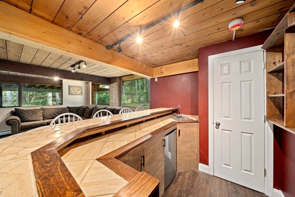 Interior, Kitchen, Living room, Tile Countertops, Wooden Beams, Wooden Ceilings, Wood Texture Flooring