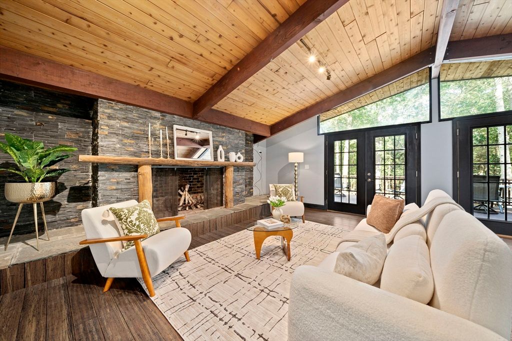 Fireplace, Interior, Living room, Stone Walls, Wooden Beams, Wooden Ceilings, Wood Texture Flooring