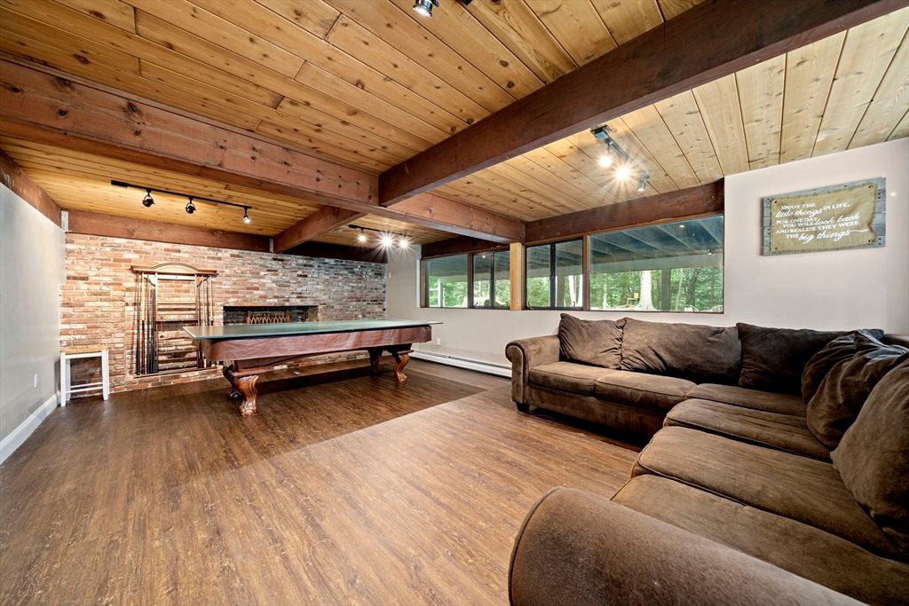 Billiard Table, Game Room, Interior, Living room, Stone Walls, Wooden Beams, Wooden Ceilings, Wood Texture Flooring