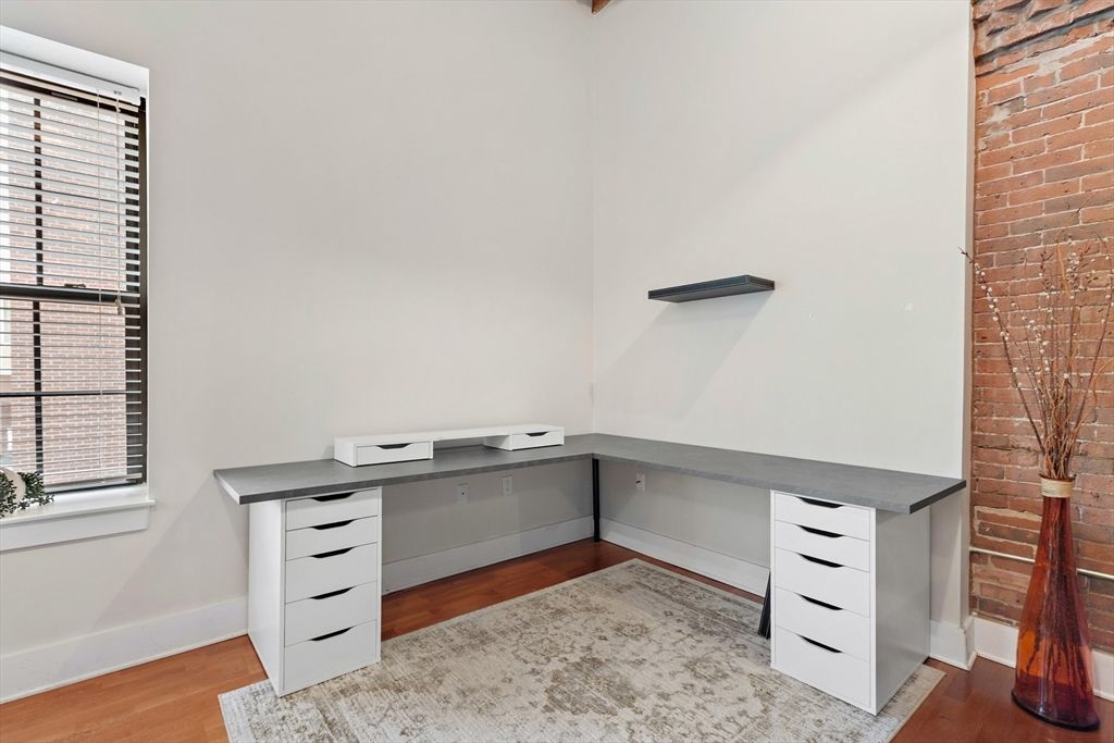 Home Office, Interior, Stone Walls, Wood Texture Flooring