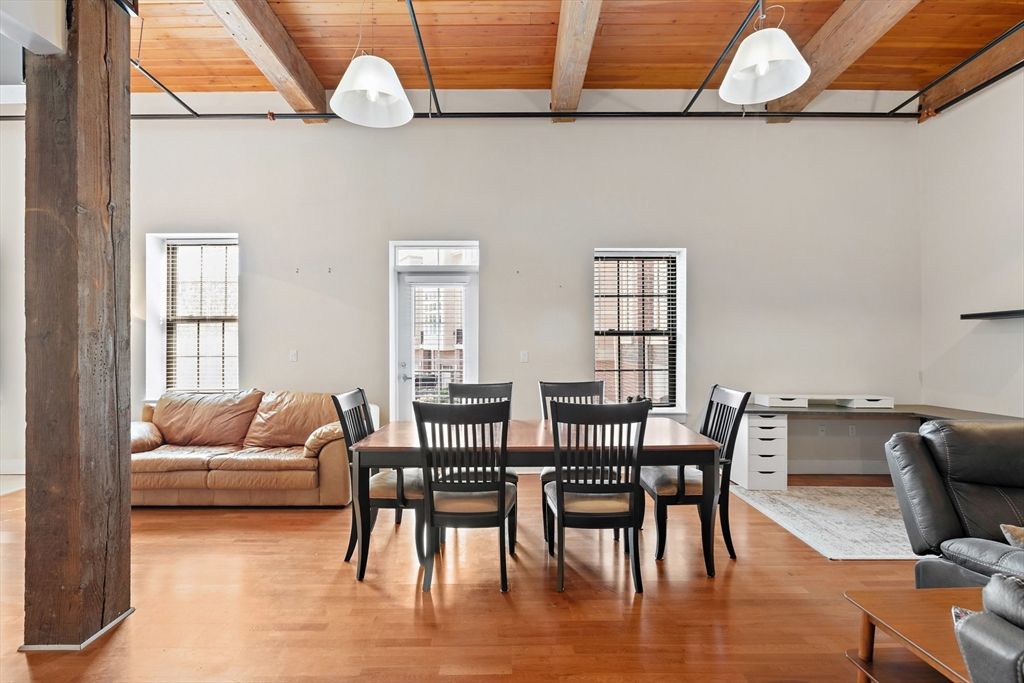 Dining room, Interior, Pendant Lights, Wooden Beams, Wooden Ceilings, Wood Texture Flooring