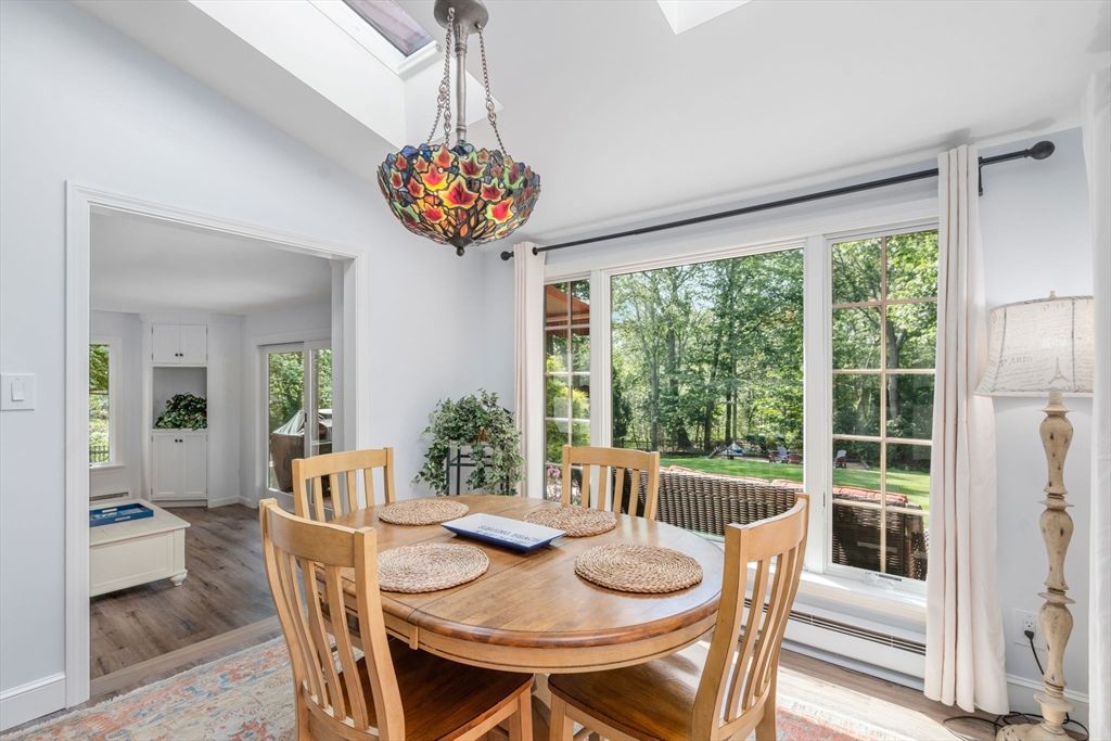 Dining room, Interior, Pendant Lights, Wood Texture Flooring