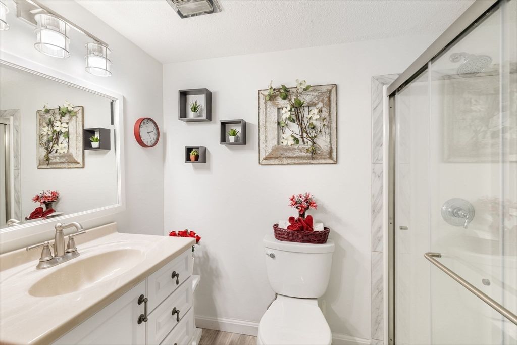 Bathroom, Glass Shower, Interior, Wood Texture Flooring