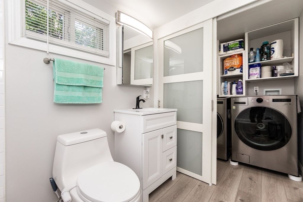 Bathroom, Interior, Washer, Wood Texture Flooring