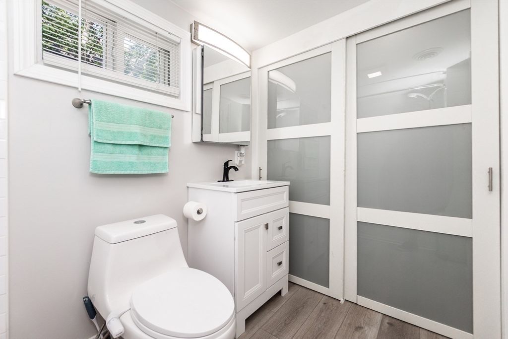Bathroom, Glass Shower, Interior, Wood Texture Flooring