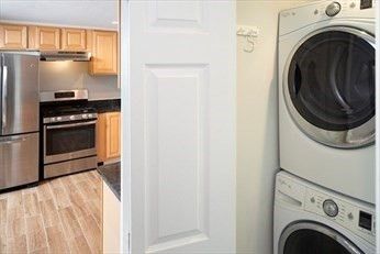 Interior, Kitchen, Recessed Lighting, Stainless Steel Appliances, Washer, Wood Texture Flooring