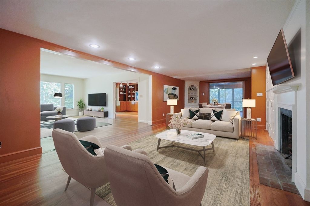 Dining room, Fireplace, Interior, Living room, Recessed Lighting, Wood Texture Flooring