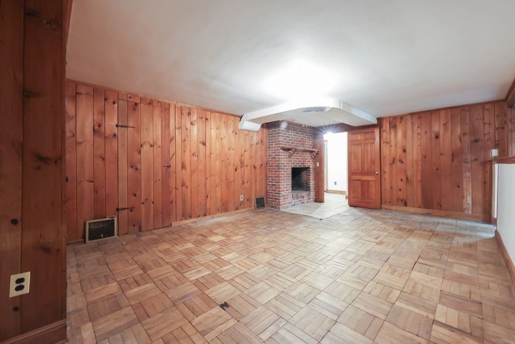 Empty room, Fireplace, Interior, Stone Walls, Wood Texture Flooring, Wooden Walls