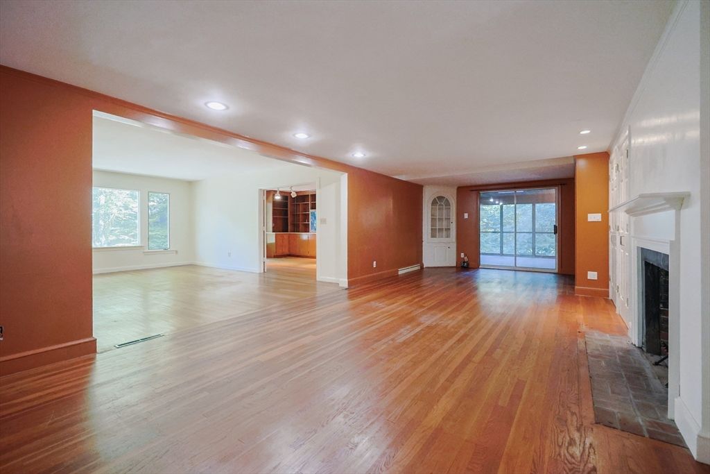 Empty room, Fireplace, Interior, Recessed Lighting, Wood Texture Flooring