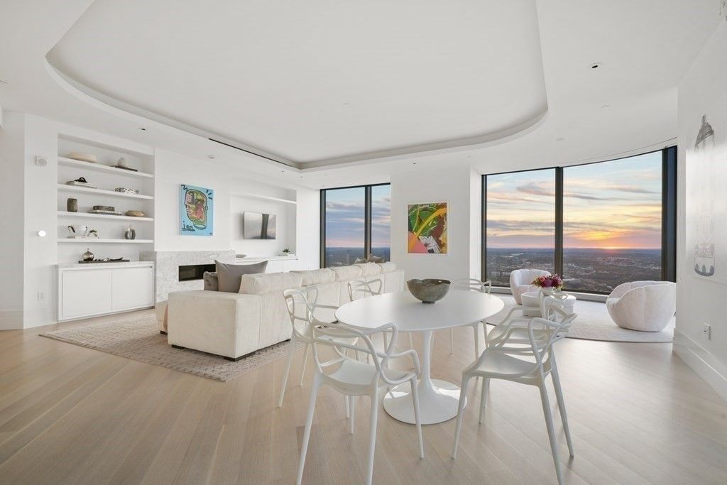 Dining room, Fireplace, Interior, Living room, Recessed Lighting, Water, Wood Texture Flooring