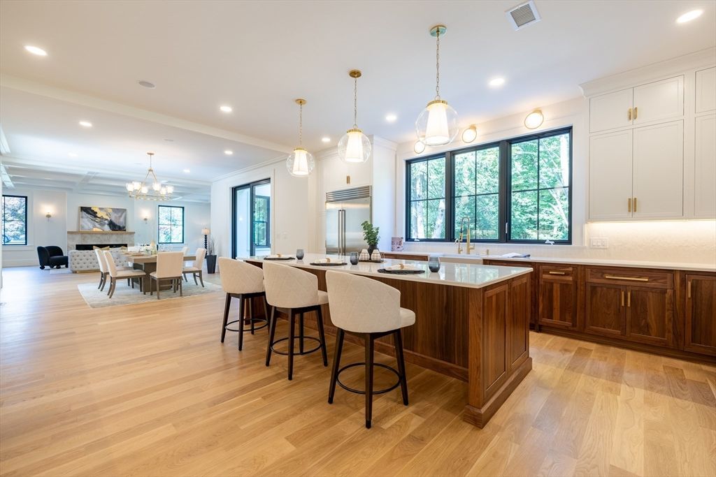 Dining room, Interior, Kitchen, Pendant Lights, Recessed Lighting, Wood Texture Flooring