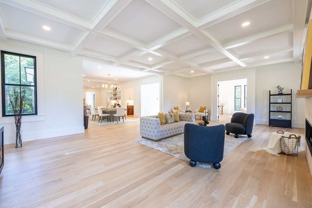 Dining room, Fireplace, Interior, Living room, Pendant Lights, Recessed Lighting, Wood Texture Flooring