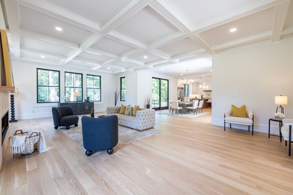 Dining room, Fireplace, Interior, Living room, Pendant Lights, Recessed Lighting, Wood Texture Flooring