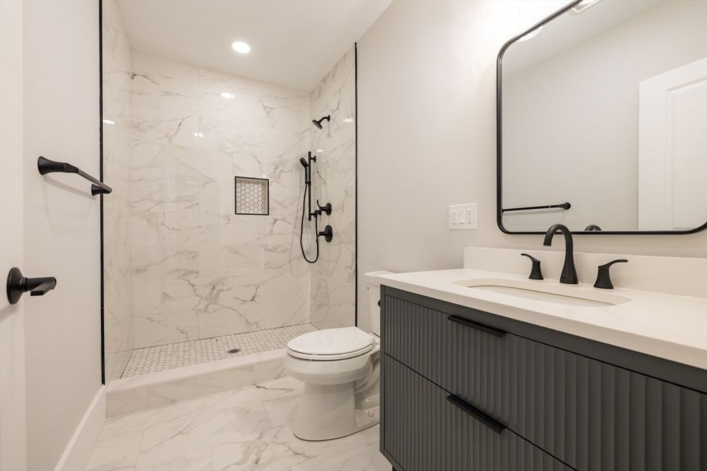 Bathroom, Glass Shower, Interior, Marble, Marble Walls, Recessed Lighting