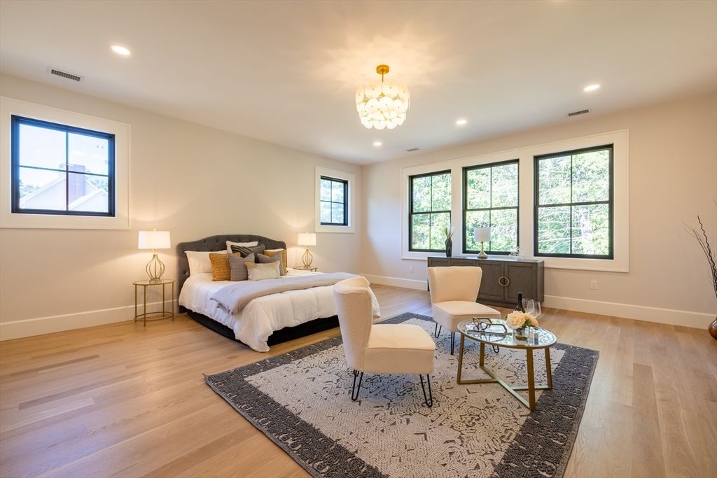 Bedroom, Chandelier, Interior, Recessed Lighting, Wood Texture Flooring