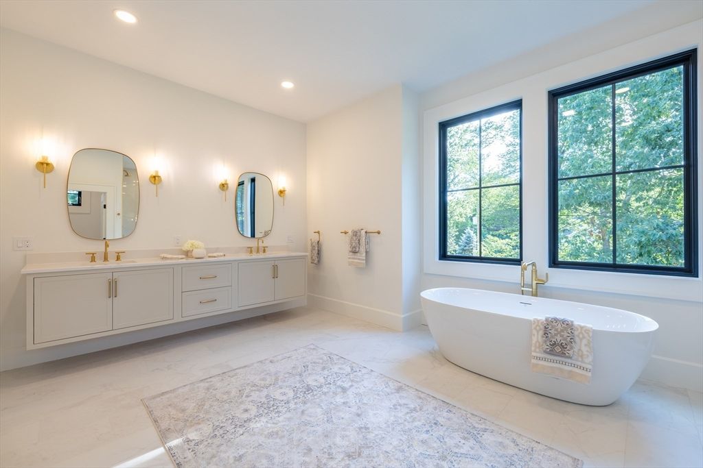 Bathroom, Dual Sink Vanities, Free Standing Baths, Interior, Marble, Recessed Lighting