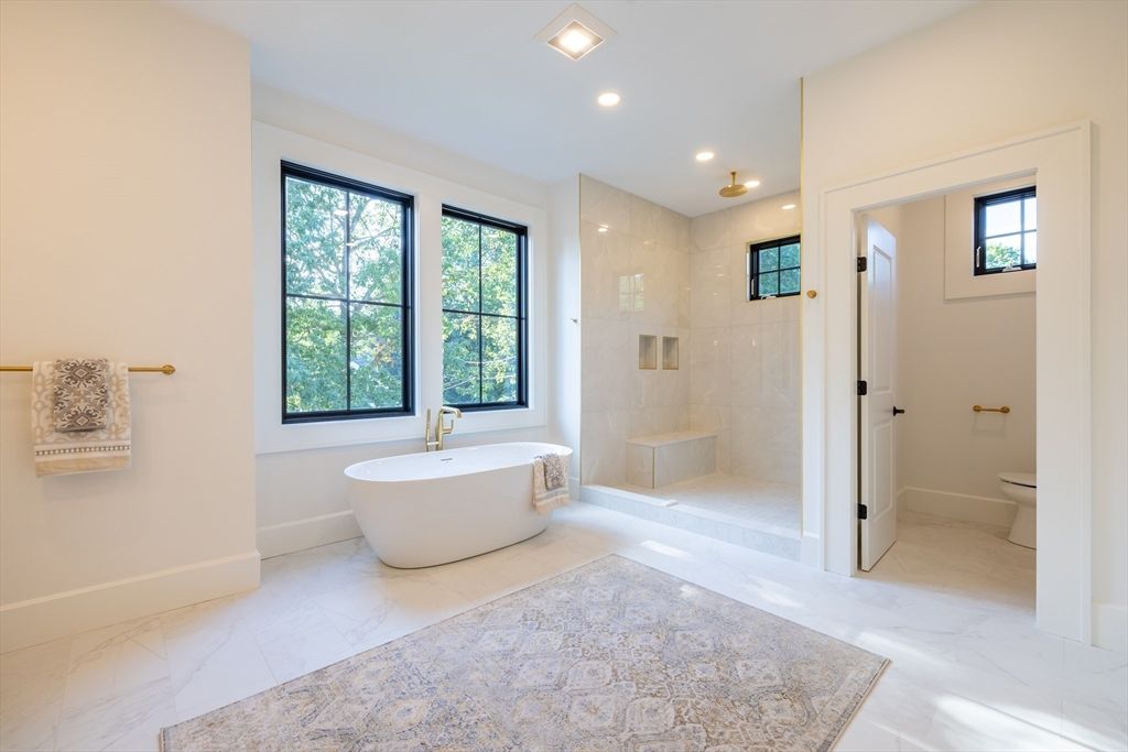 Bathroom, Free Standing Baths, Glass Shower, Interior, Marble, Marble Walls, Recessed Lighting