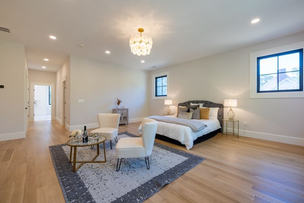 Bedroom, Chandelier, Interior, Recessed Lighting, Wood Texture Flooring