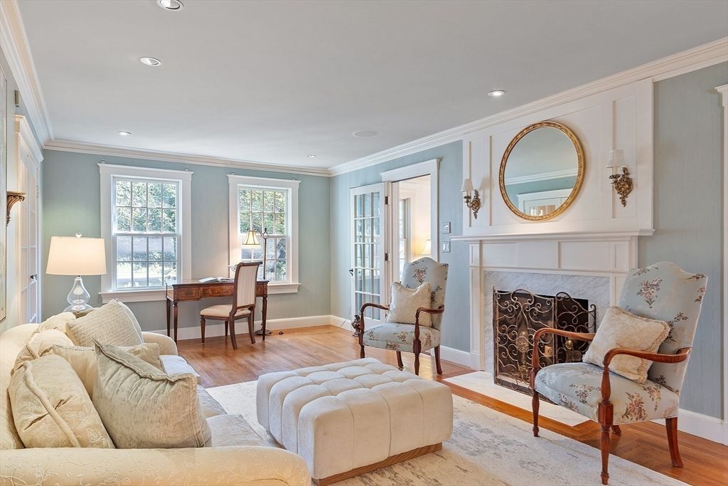 Fireplace, Home Office, Interior, Living room, Recessed Lighting, Wood Texture Flooring