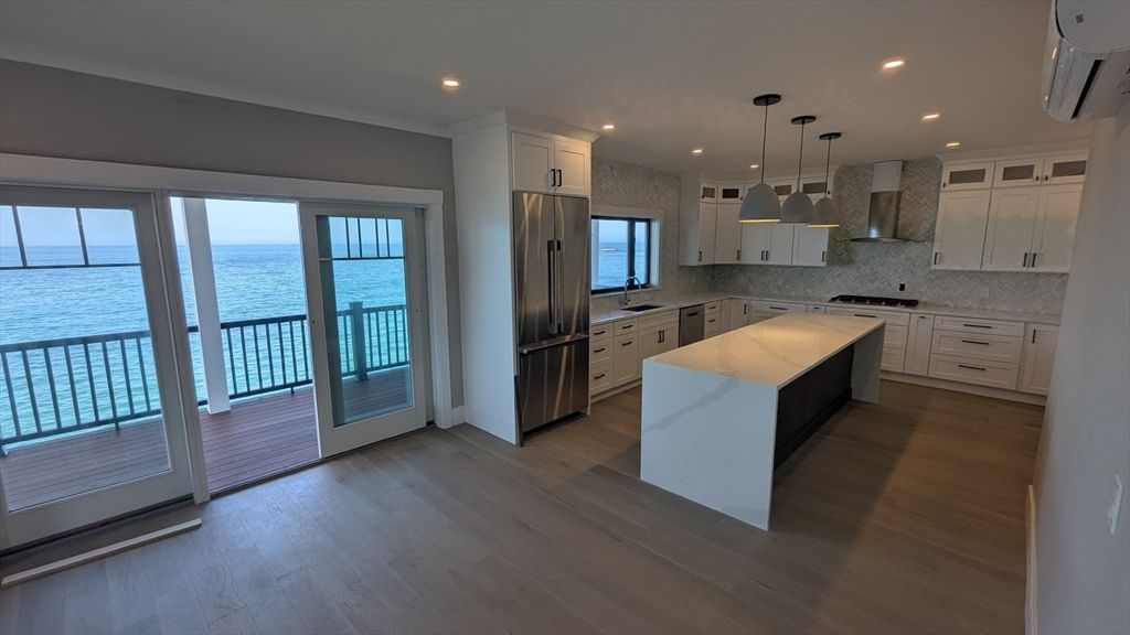 Interior, Kitchen, Pendant Lights, Recessed Lighting, Stainless Steel Appliances, Water, Wood Texture Flooring