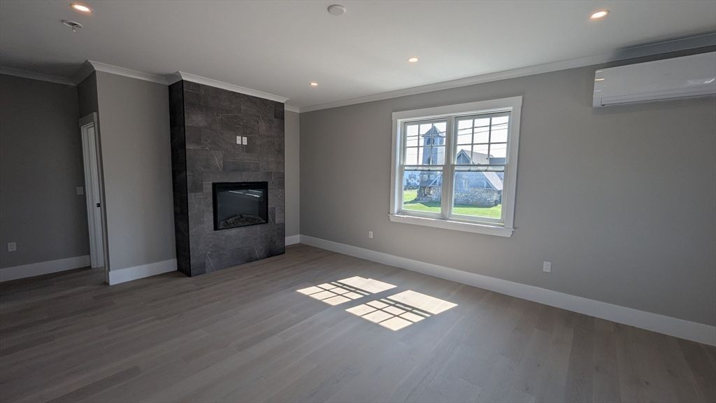 Empty room, Fireplace, Interior, Recessed Lighting, Wood Texture Flooring